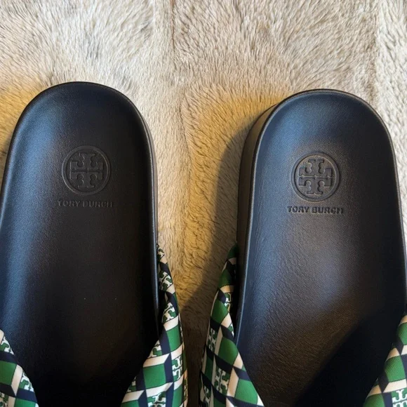 NEW Tory Burch Puffy Knotted Anatomic Slide Fabric Sandals in Geo Logo Green - Picture 8 of 9